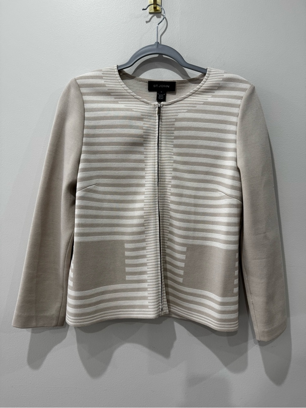 St John Size M Zip Sweater Jacket Wool Cream Stripe Luxury